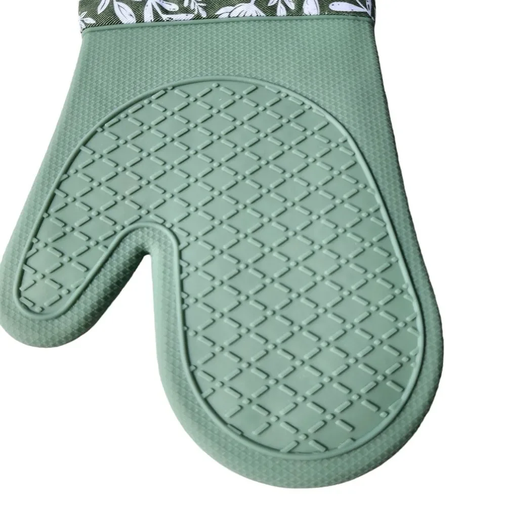 Bakers Choice Set of 2 Premium Cotton and Silicone Oven Mitts Printed Green 13in
